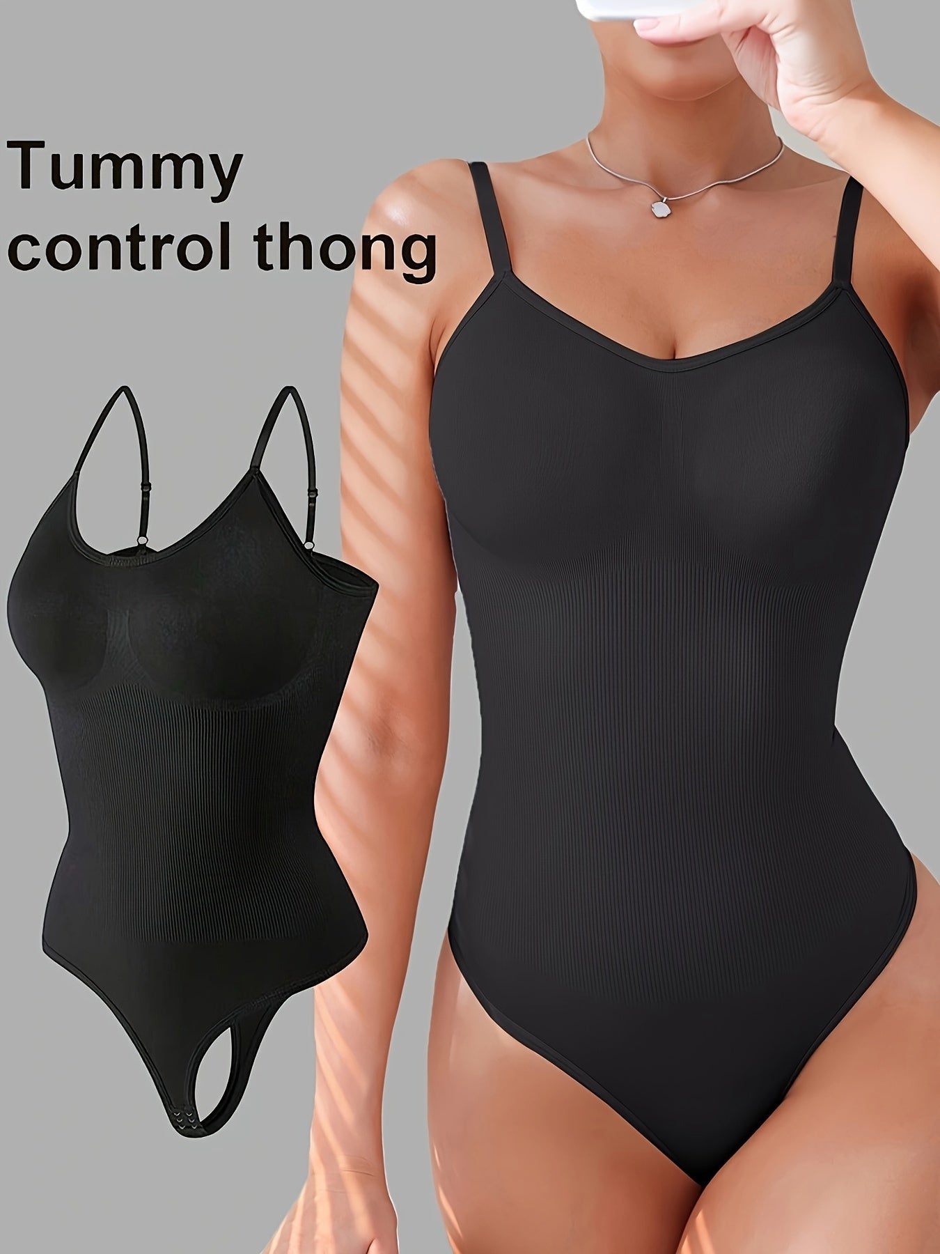 Женский черный боди с регулируемыми бретелями и кнопками в области паха для бесшовного контроля живота и воздухопроницаемости.