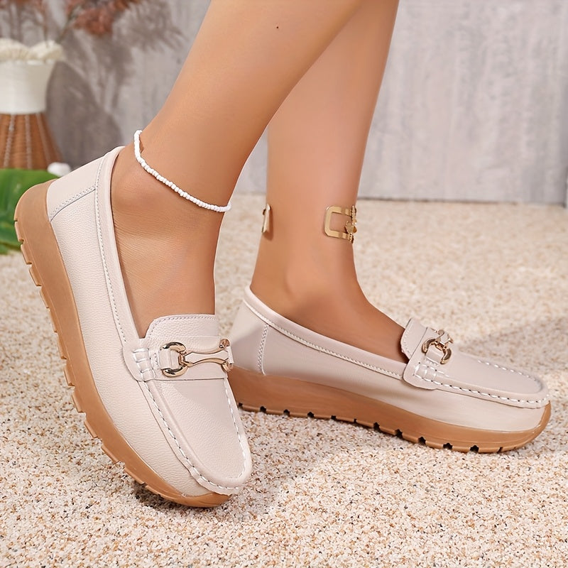 Women's Slip-On Loafers PU Cover Upper TPR Sole Metallic Buckle All-Season Flats