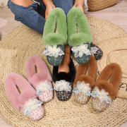 Women's Fleece-Lined Slip-On Flats with Bowknot Square Toe Indoor Outdoor Shoes