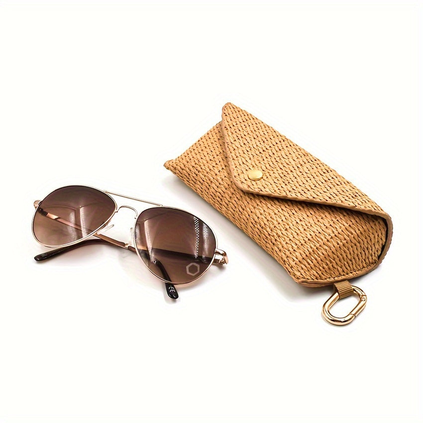 Woven Straw Eyeglass Case for Women with Protective Sleeve and Hook