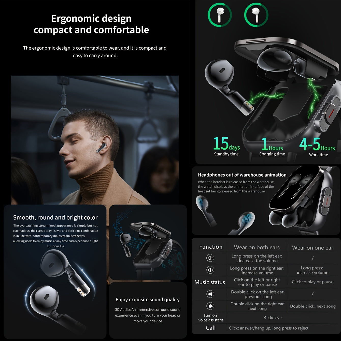 2-in-1 Smart Watch with Wireless Earbuds 5.11cm Touch Screen Pedometer Multi-Sport