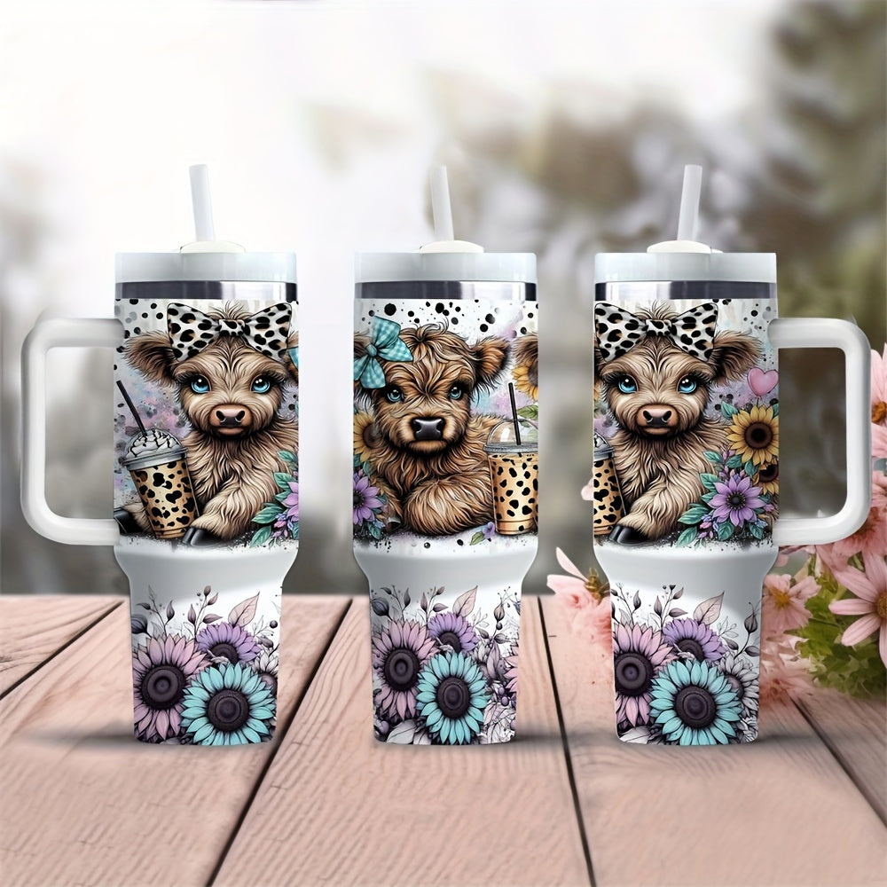 Stainless Steel Travel Mug with Handle and Straw Highland Cow Sunflower Design