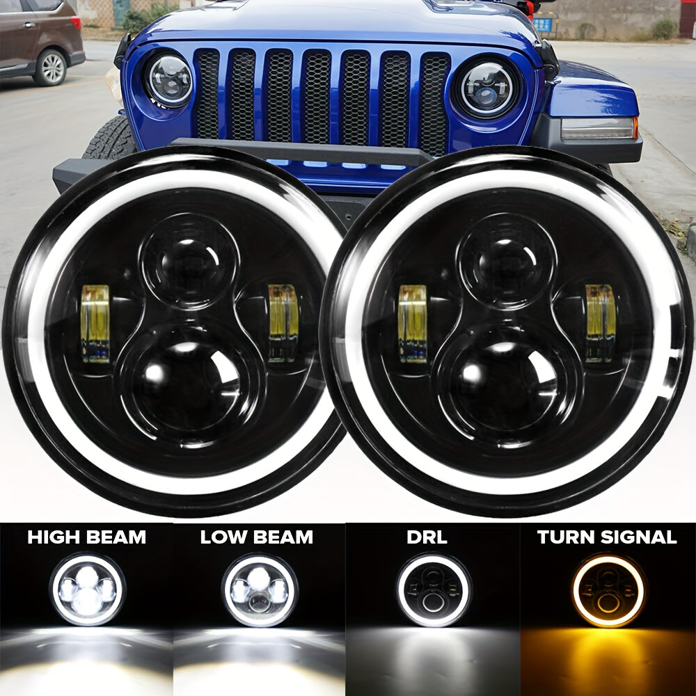 17.78 cm Round LED Headlight 4-Bulb Dual-Color Angel Eye 12V 3000+ Lumens Off-Road Vehicle
