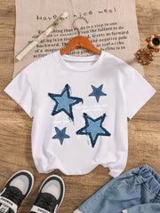 Girls' Star Print Knit T-Shirt with Crew Neck Short Sleeves for Spring Summer