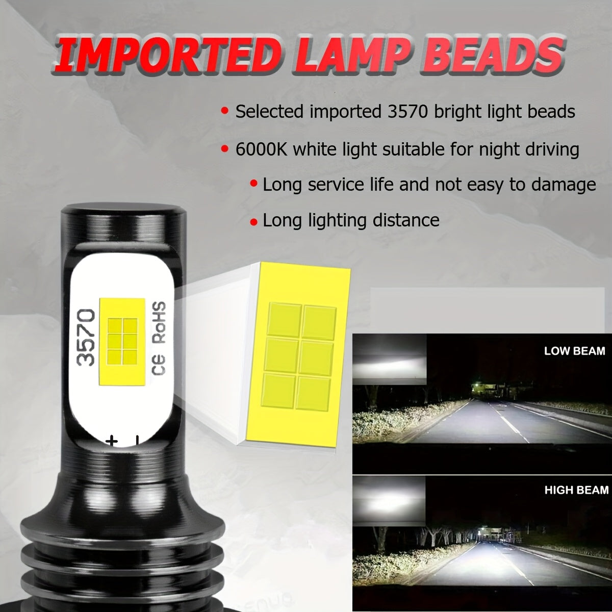 2 dona H7 LED farlar uchun avtomobil yuqori va past nur, tuman chiroqlari 6000K oq