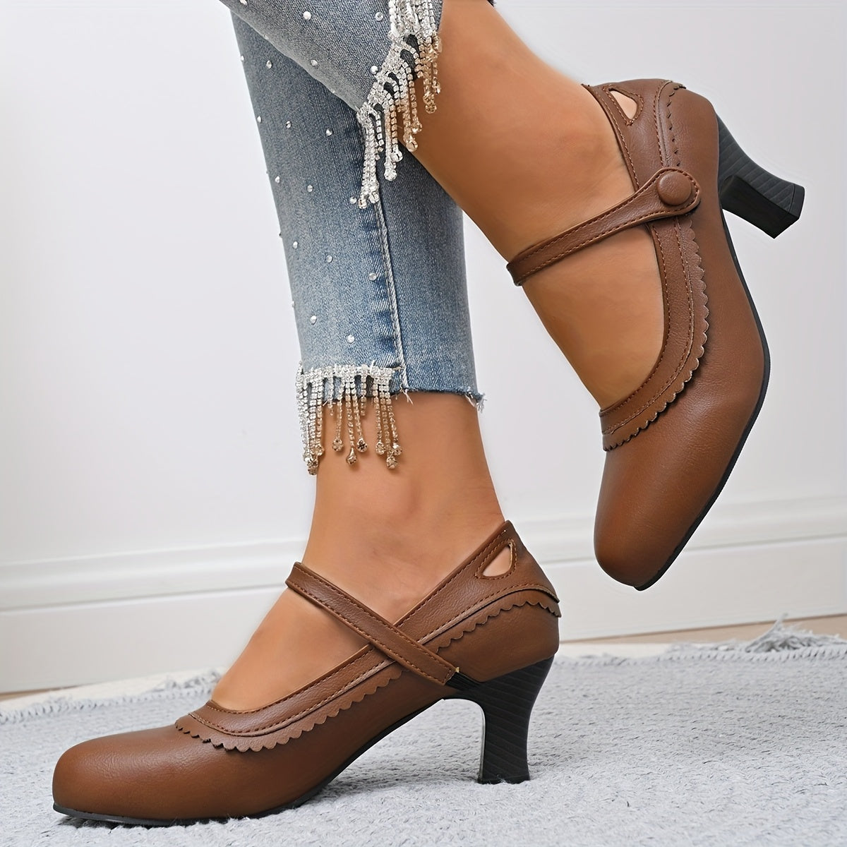 Women's Synthetic Chunky Mid-Heel Pumps with Round Toe and Decorative Strap