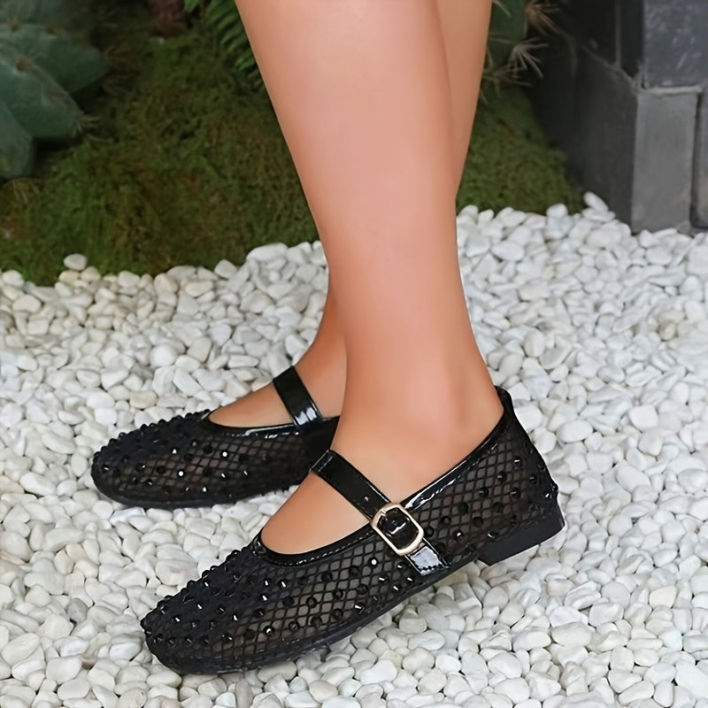 Zapatos de ballet para mujer con parte superior transpirable de malla y correa, zapatos de punta negros