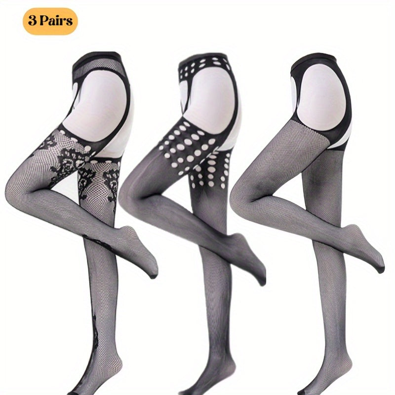 Women High Waist Suspenders Black Lace Polka Dot Stretchy Semi-Sheer 3 Pairs