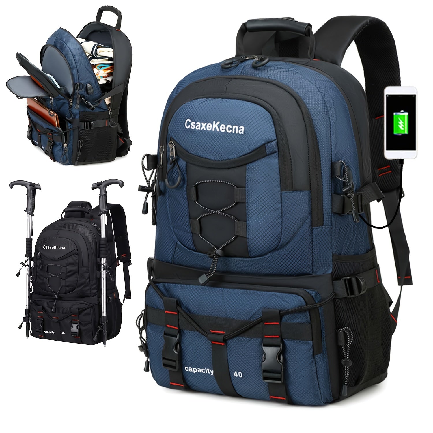 40L Hiking Backpack with Laptop Compartment USB Powered Adjustable Straps for Men and Women