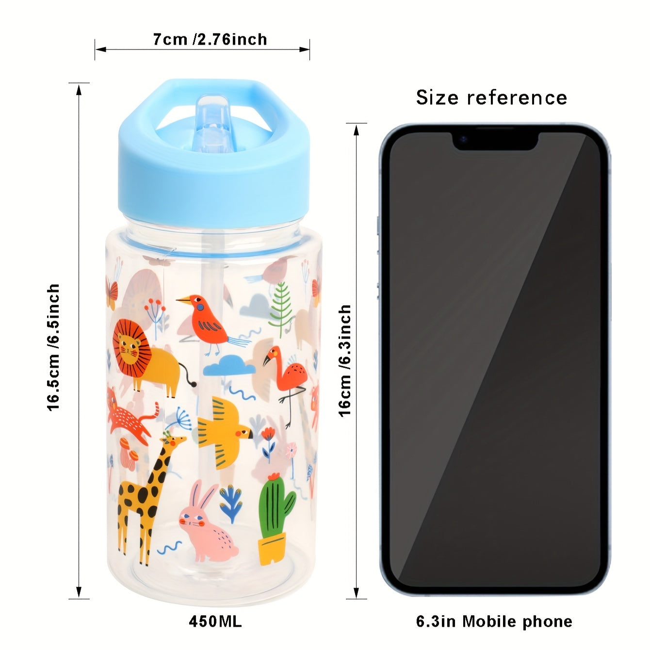 450ml BPA-Free Plastic Water Bottle with Animal Design and Straw for Travel Outdoor Daily Use