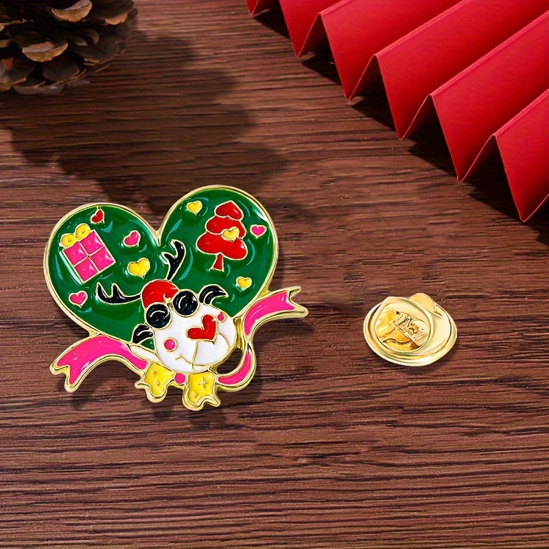 Festive Alloy Christmas Brooch Pin Set, Includes 1 Santa & 4 Reindeer Designs, Stylish Heart-Shaped Lapel Pins for Daily or Holiday Wear