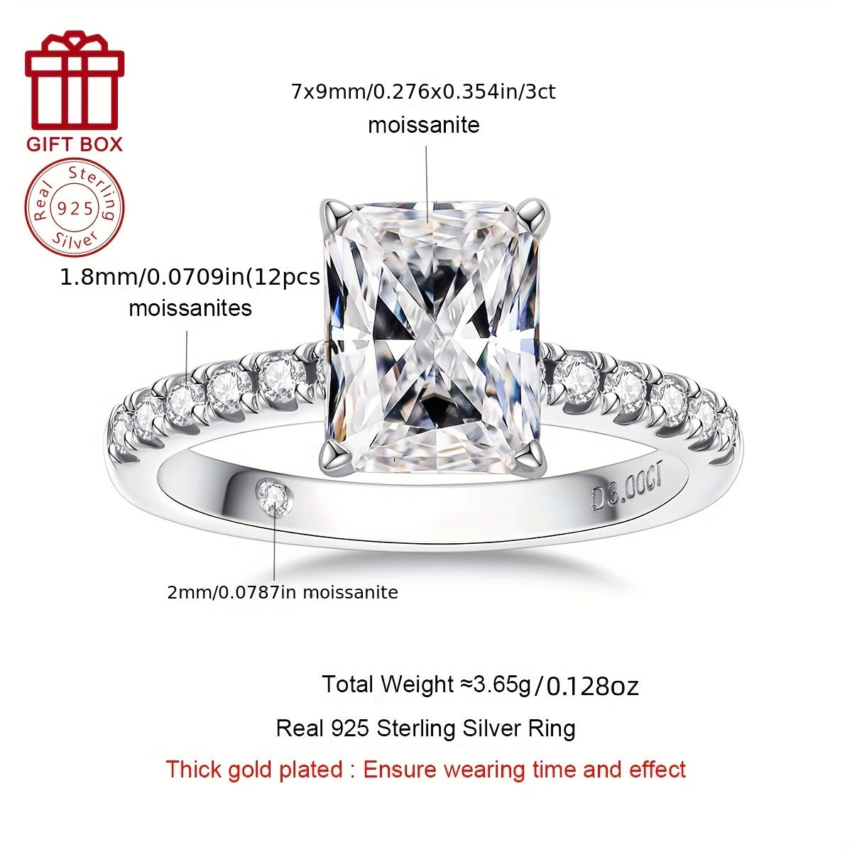 Women's Sterling Silver Wedding Anniversary Ring with 3CT Moissanite 7x9mm