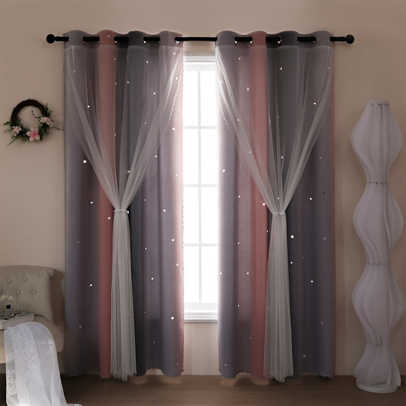 Gray Gradient Sheer Curtain with Star Pattern Grommet Top for Living Room Bedroom