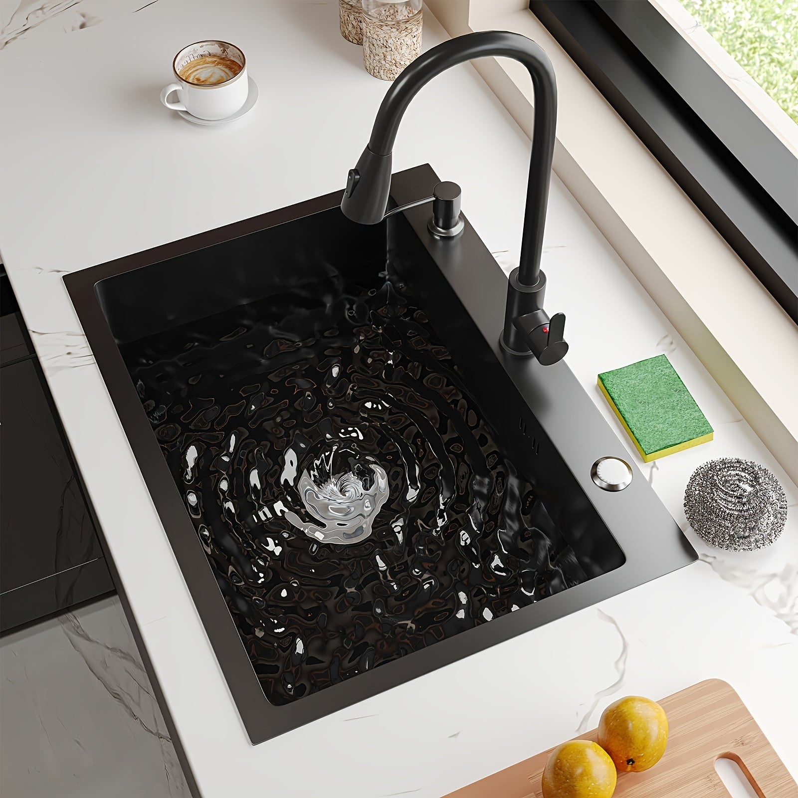 Black Stainless Steel Kitchen Sink Single Bowl Undercounter with Center Drain and Pull-Out Faucet