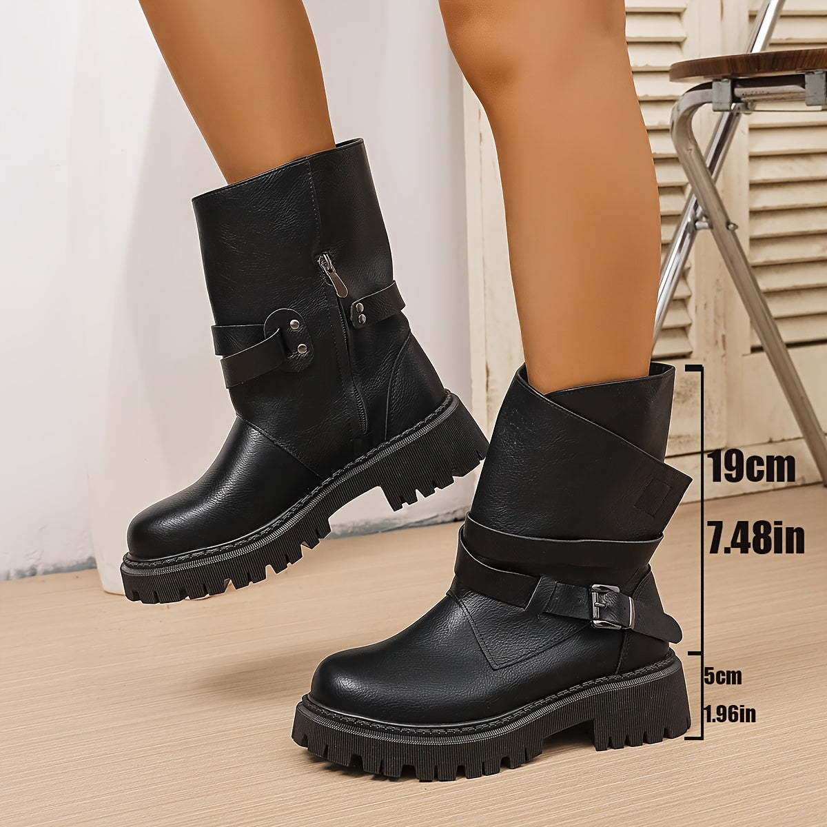 Women’s Faux Leather Chunky Platform Ankle Boots with Zipper and Thick Sole