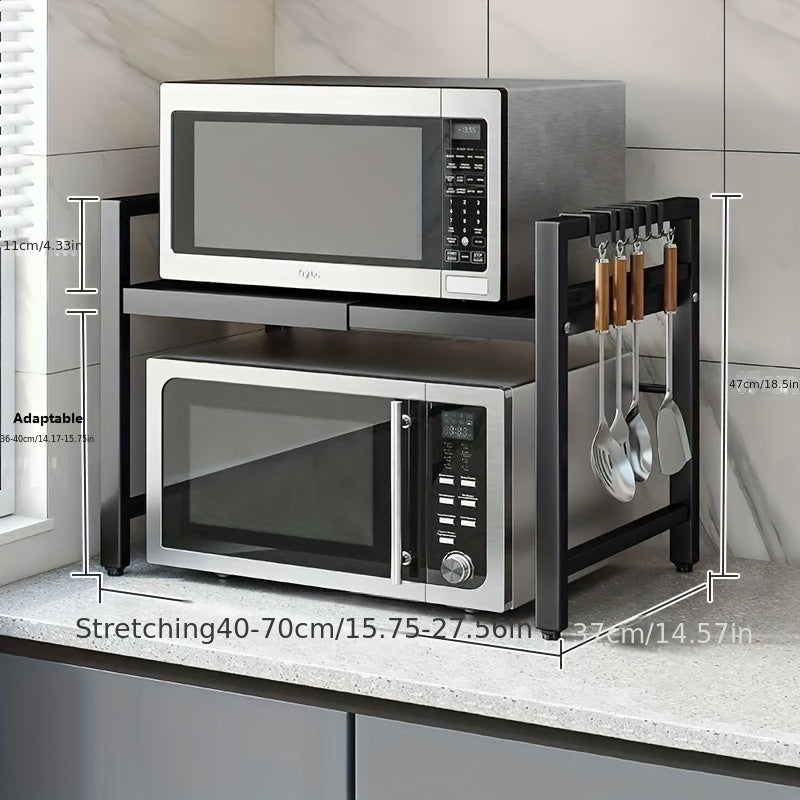 Estante de almacenamiento de cocina de 2 niveles de metal con estante para pan, estante para microondas y ganchos