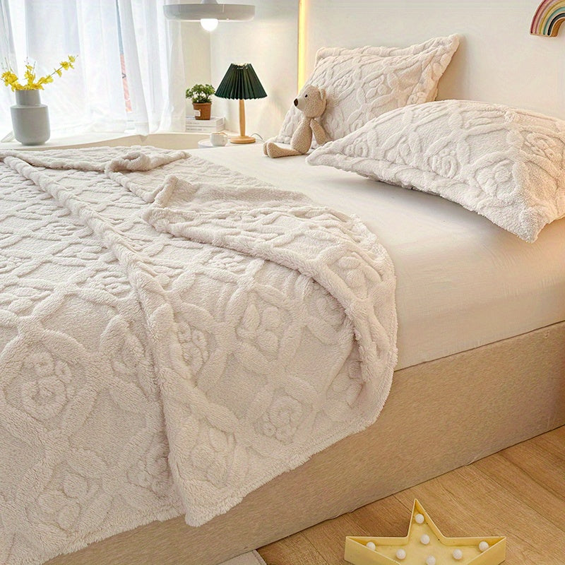 Fleece Bed Blanket White Geometric Embroidered All-Season Polyester 3D Embroidery