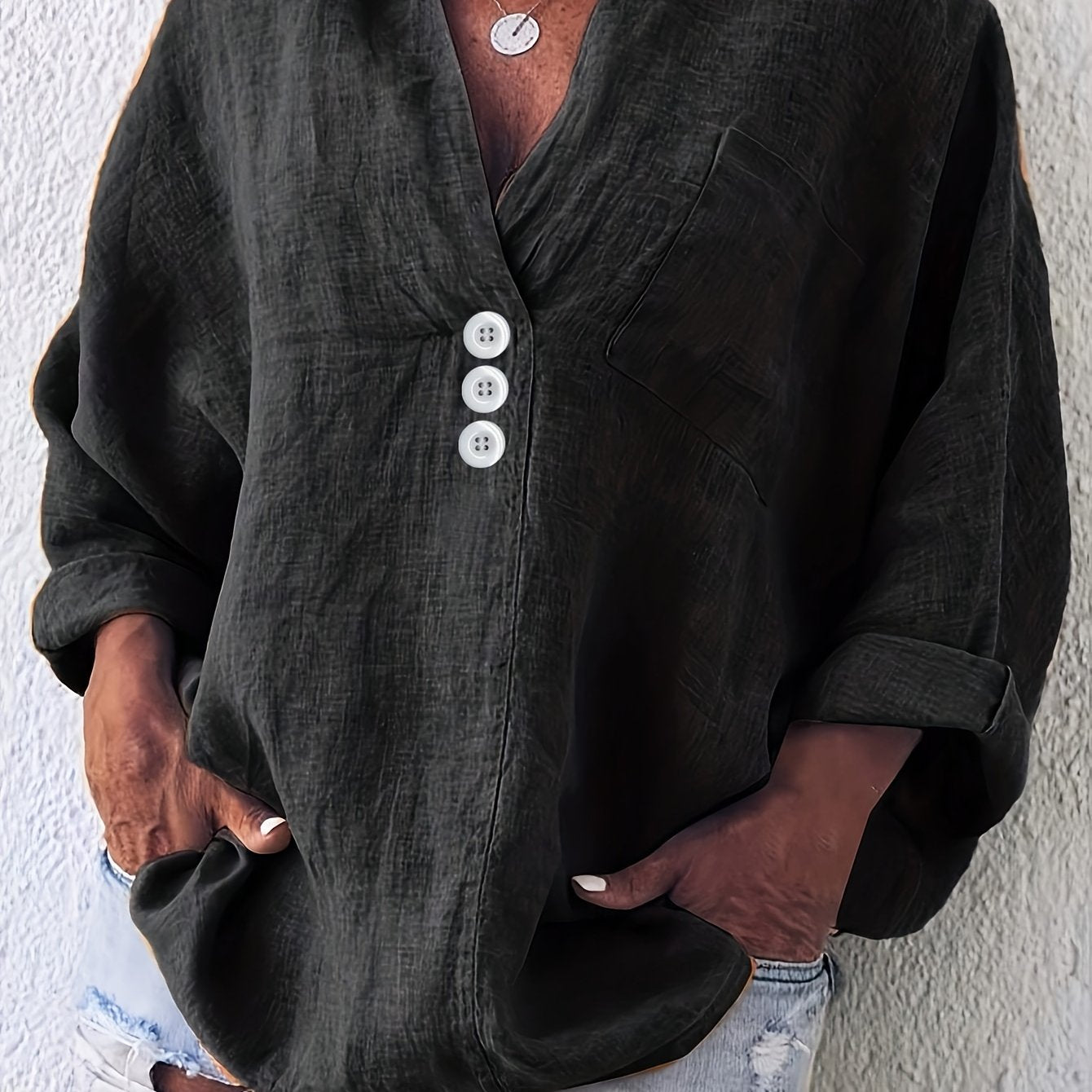 Solid Polyester V-Neck Loose Fit Blouse for Spring and Fall