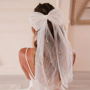 Bridal Wedding Headpiece with White Mesh Pearl Bow Short Veil Hair Accessories