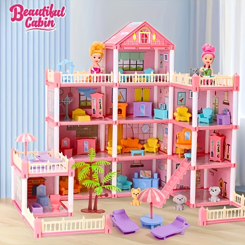 Pink 4-Story Dollhouse Playset with Accessories and 2 Figures for Girls