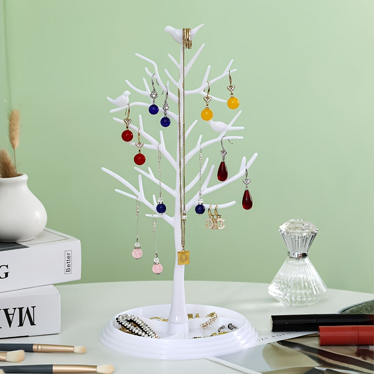 Acacia Bird Tree Jewelry Organizer for Necklaces Bracelets Earrings Rings with Key and Mask Storage