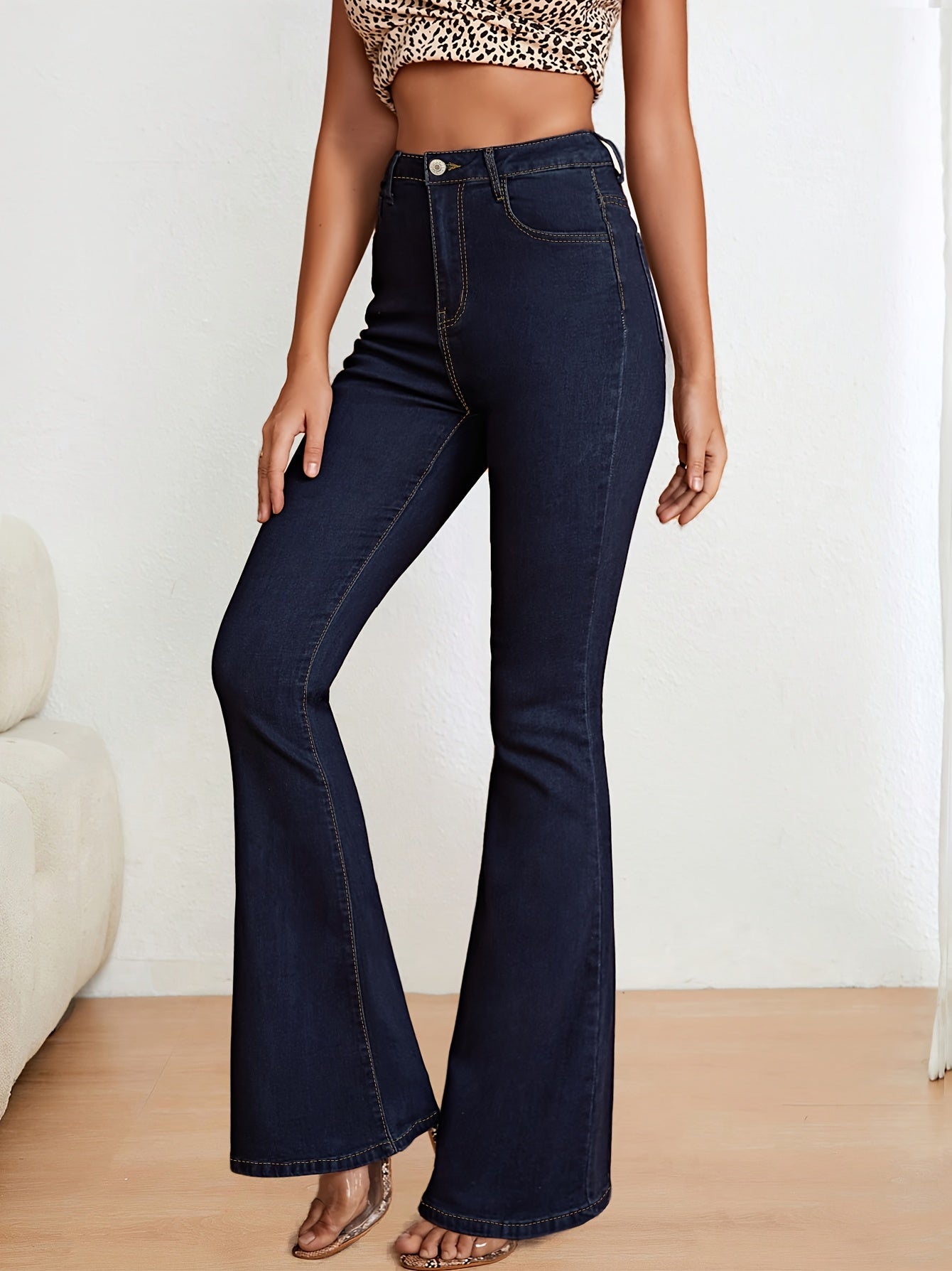 Women's High-Waisted Flare Jeans Blue Denim Slim Fit Long Length