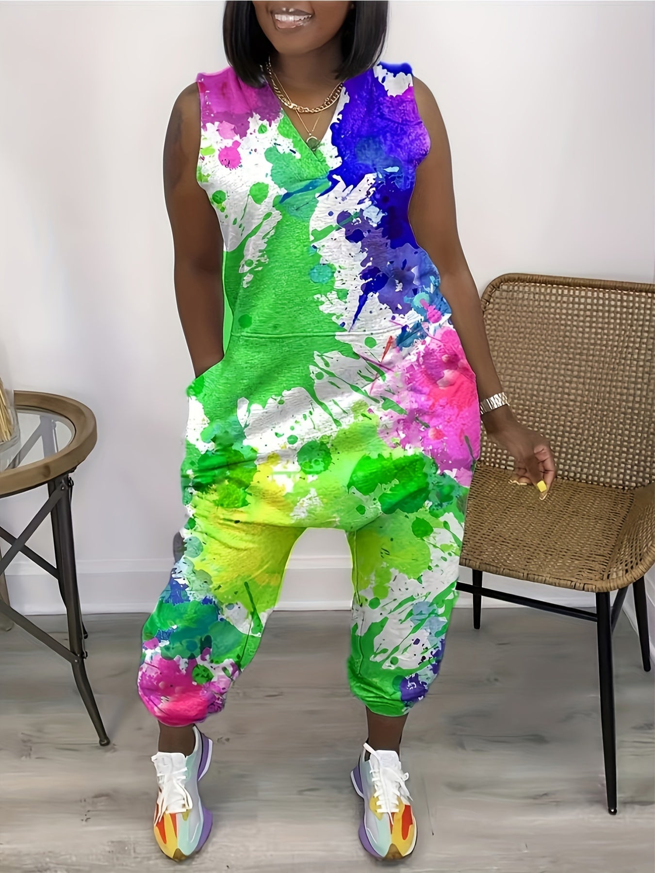 Women's Slim-Fit Sleeveless Tie-Dye Jumpsuit with Pockets