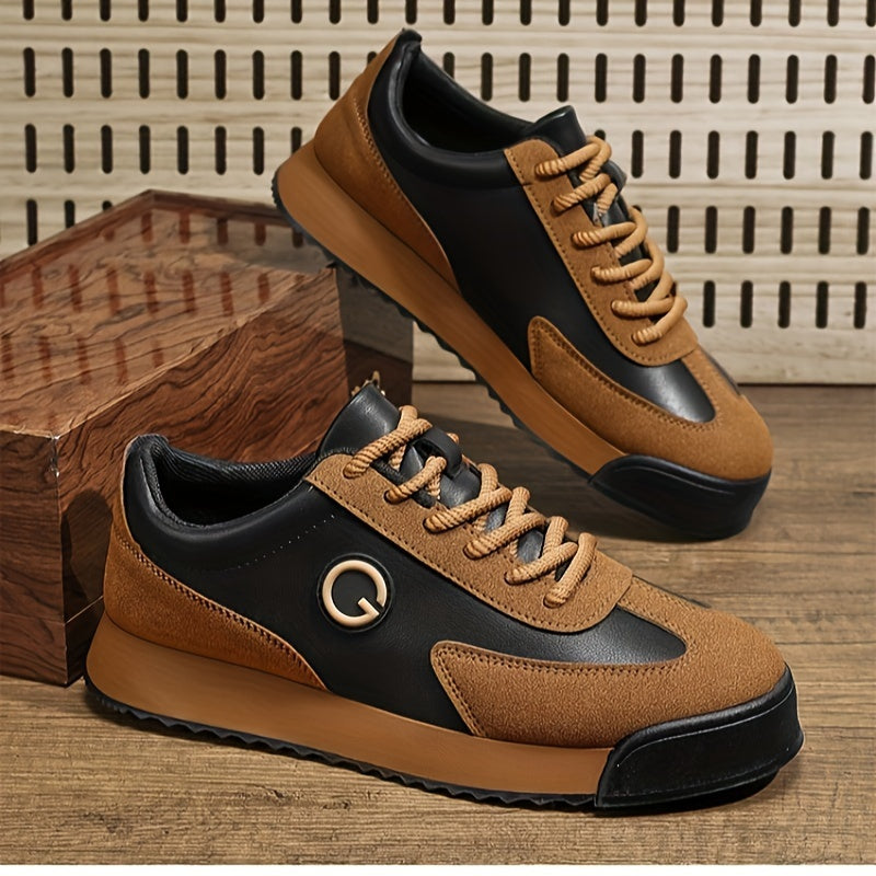 Men's Black Mid-Top Sneakers with Brown Accents Durable PU Upper Rubber Sole Casual Business