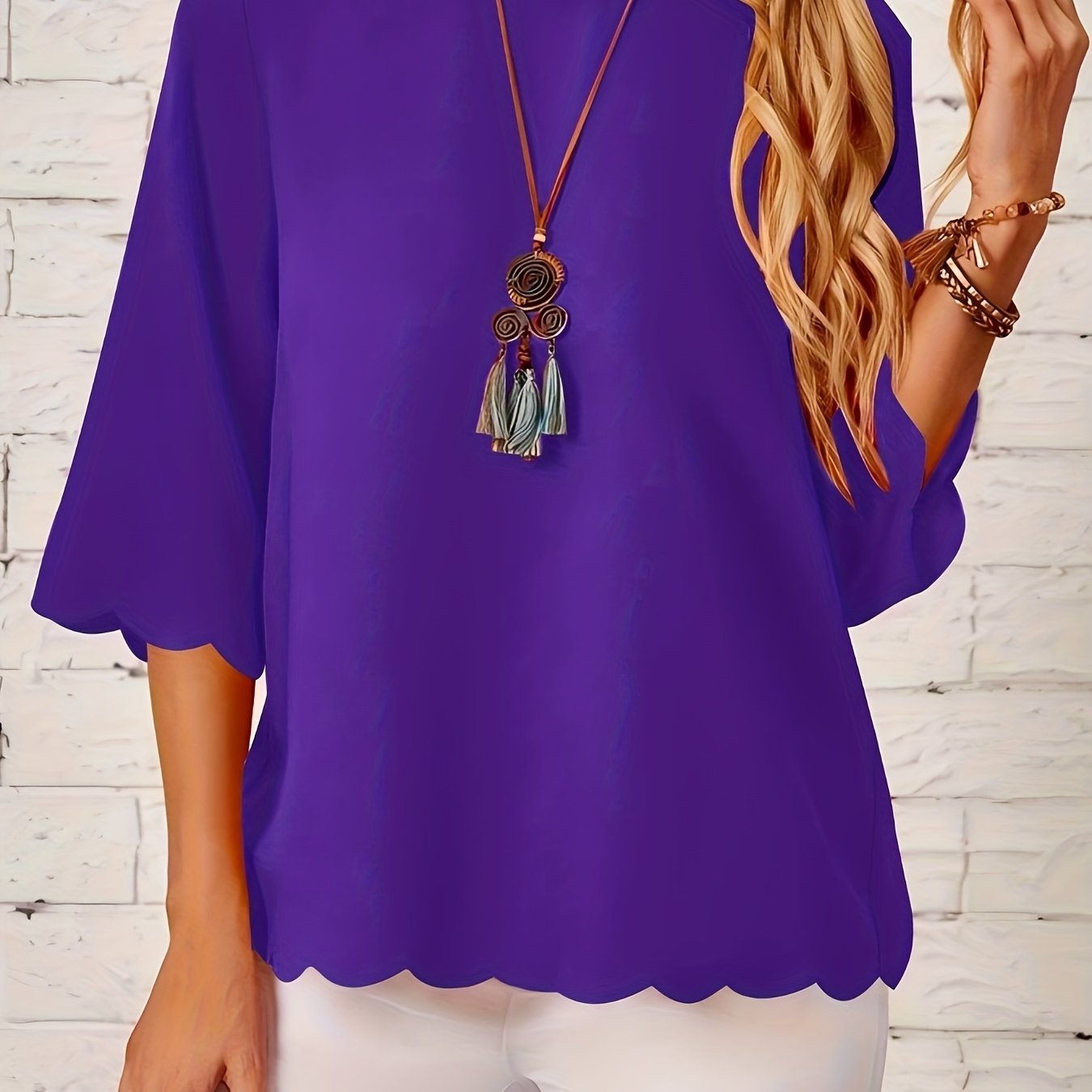 Women's Green Ruffled Hem Blouse Stretchy Round Neck Casual Formal Wear