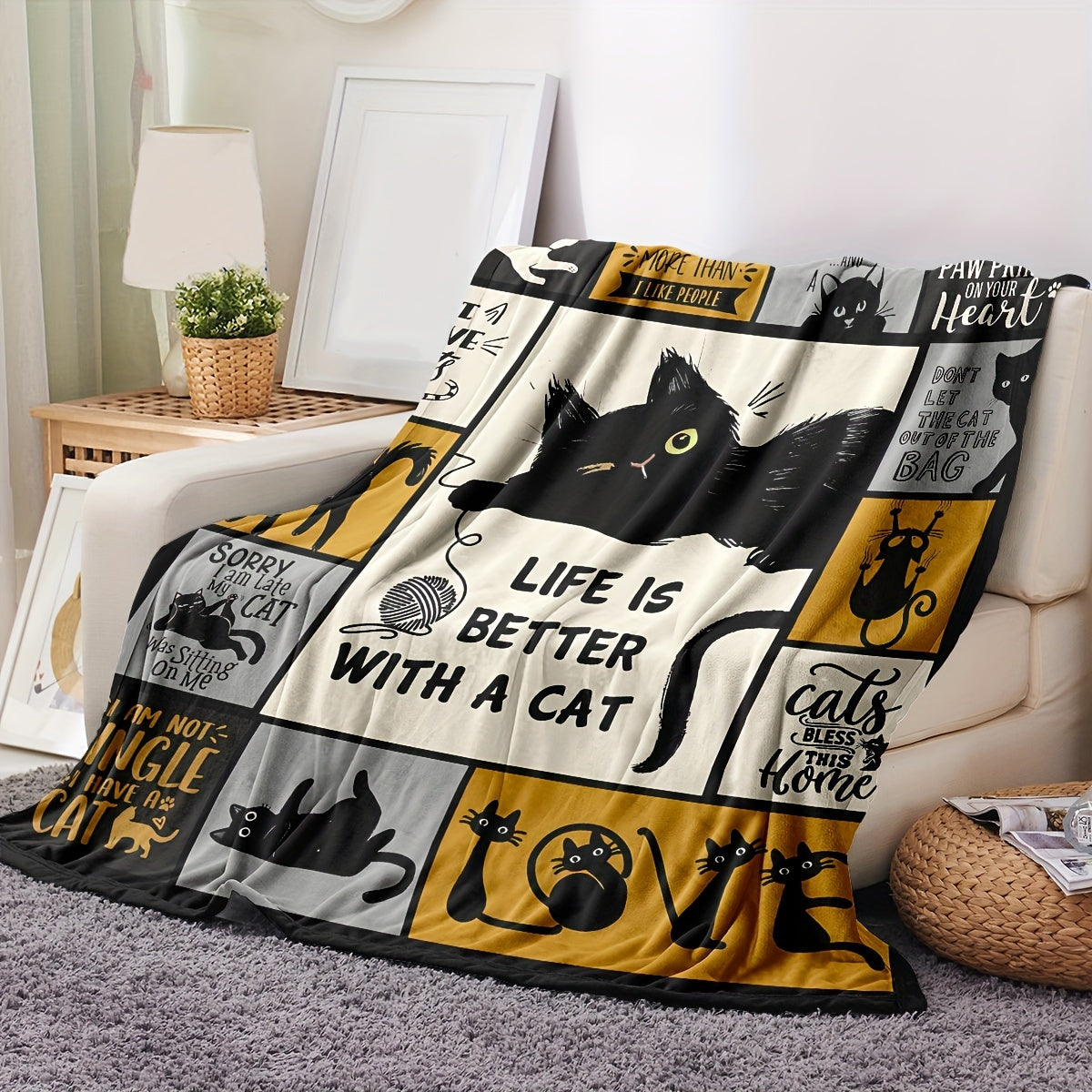 Black Cat Flannel Blanket for Halloween Cozy Throw for Sofa Bed Travel and Camping