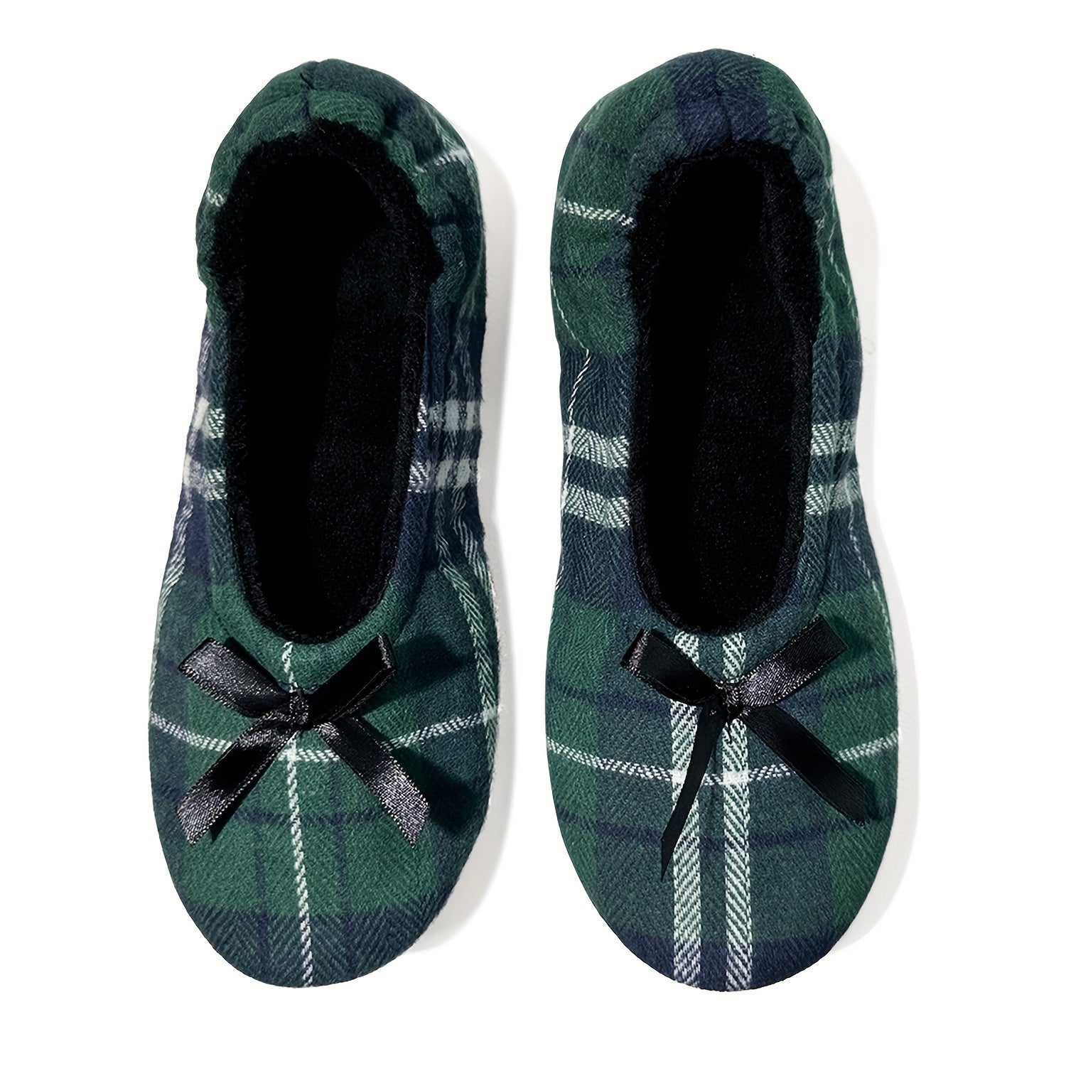 Women's Plaid Ballet Flats with Black Bowknot Casual Slip-On Round Toe