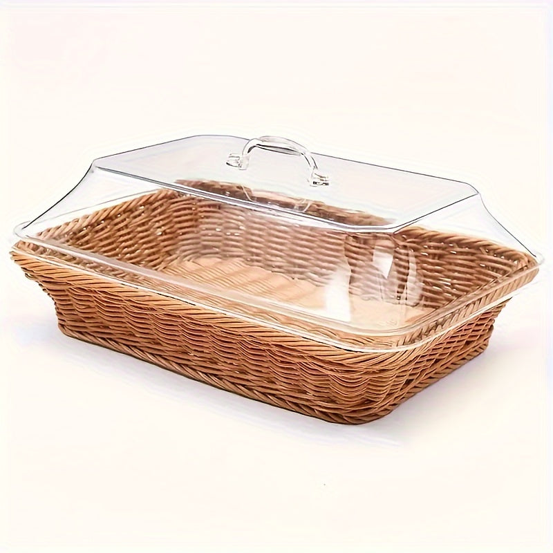 Wicker Bread Basket with Clear Acrylic Lid for Kitchen, Picnic, and Home Display