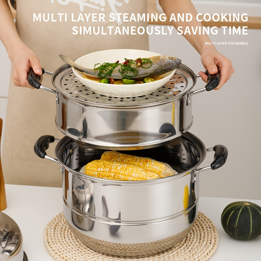 Stainless Steel 3-Tier Steamer Set with Double Boiler, 4 Pieces for Cooking Dumplings
