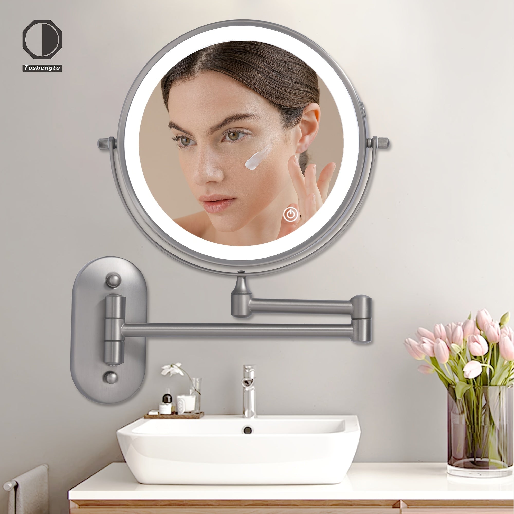 Wall-Mounted LED Makeup Mirror with Double-Sided Magnification 1X/10X Adjustable Brightness Chrome Frame