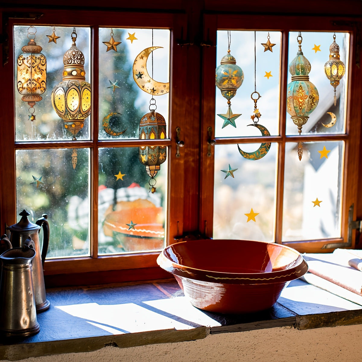 Ramazon bayrami uchun ikki tomonlama oy va yulduzlar dekori - 30.48 sm x 60.96 sm - Yotoqxona, Oila xonasi va Balkon bezatish uchun qayta ishlatiladigan PVC statik yopishqoq - Lanternlar, Shisha uchun ideal, D16013-YJ
