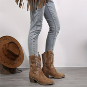 Women's Western Cowboy Boots Floral Embroidery Platform Round Toe Synthetic