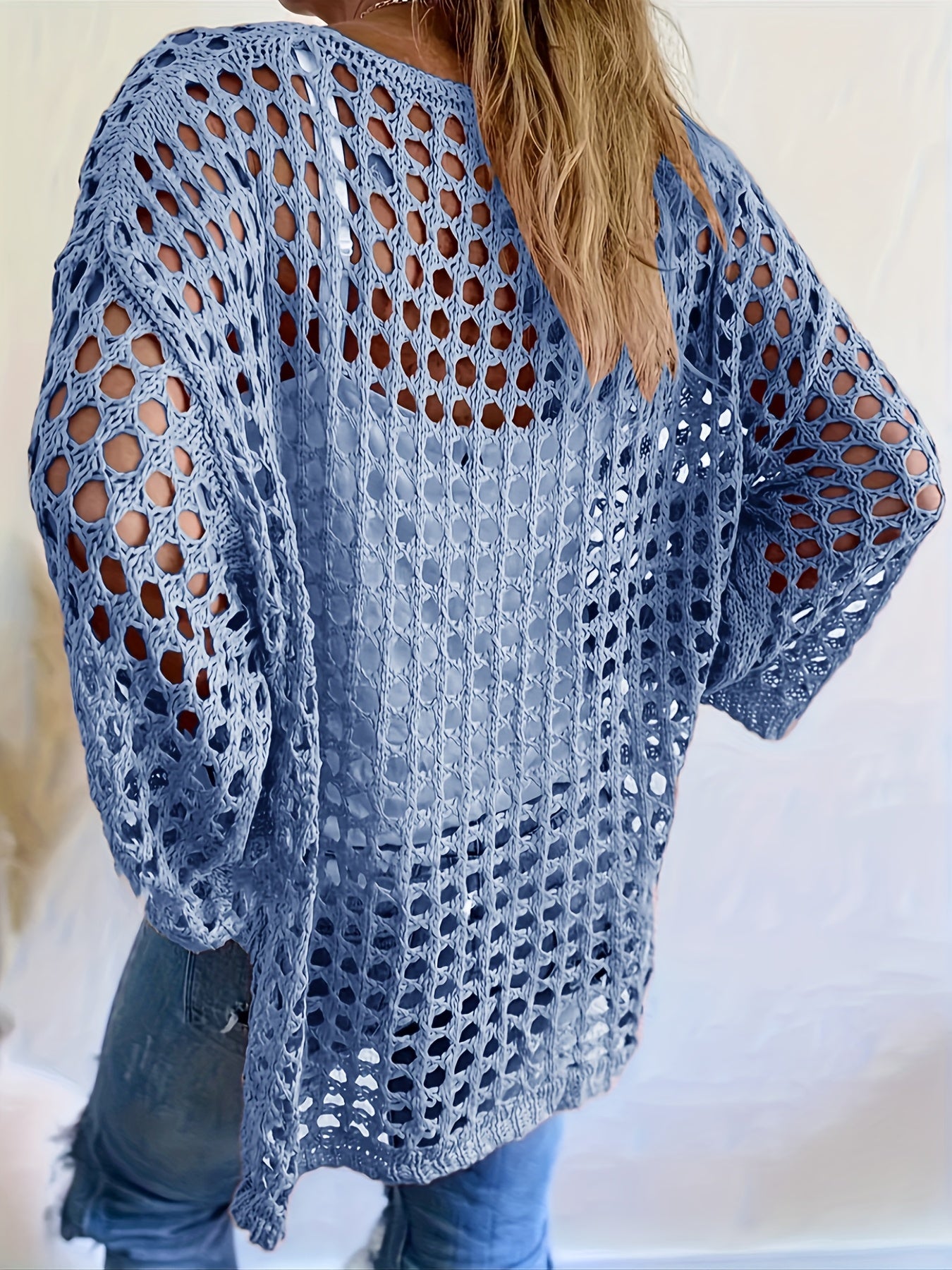 Plus o'lcham ayollar uchun kroşe tığ işi qovg‘a ustki uzun qolli V-shakl bo'yinli yashil