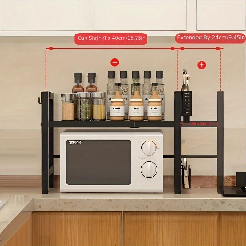 Estante de almacenamiento de cocina de 2 niveles de metal con estante para pan, estante para microondas y ganchos