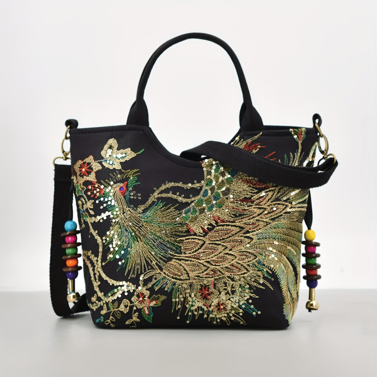 Embroidered Canvas Satchel Bag for Women with Double Handles and Removable Strap in Animal Print