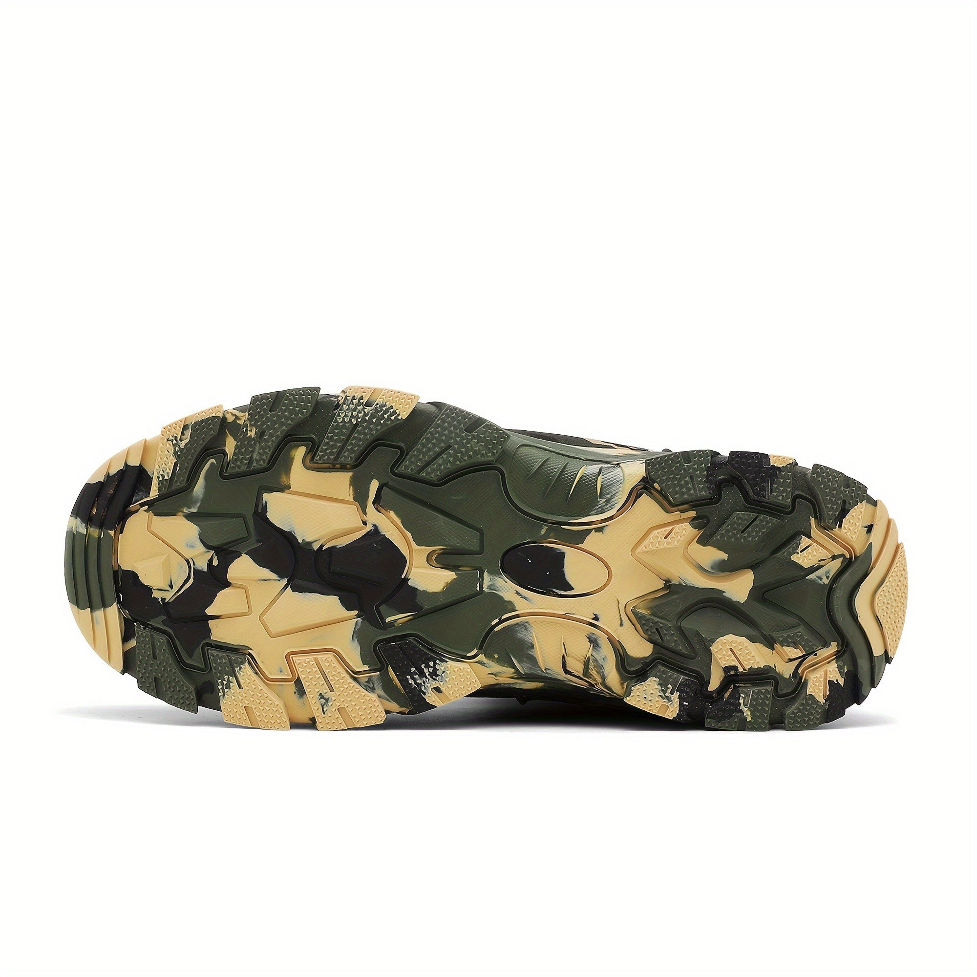 UNZHUO Erkaklar uchun Yuqori Topli Kamuflyaj Sayohat Botinkalari, Zipper Yopilishi, Nylon Yuqori, Gumiy Taglik, Sirpanmaydigan EVA Ichki Taglik, Chiziqli Naqsh, Har Mavsumga Mos Tashqi Poyabzal.