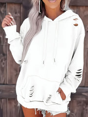 Ayollar uchun qizil yirtilgan hoodie pullover, kangaroo cho‘ntagi, uzun qo‘llar