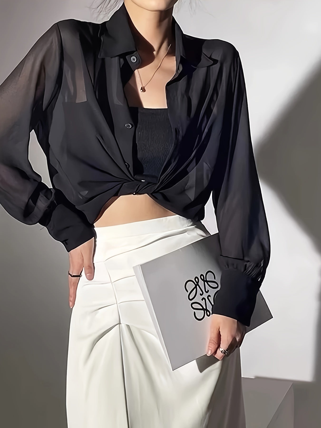 Women's Sheer Chiffon Blouse Long Sleeve Button Front Solid Spring Fall