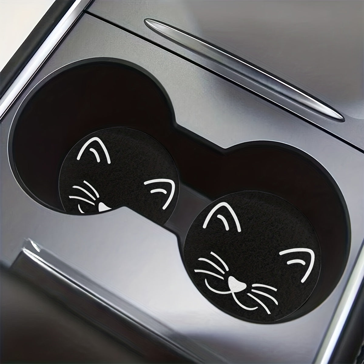 2pcs Black and White Cat Pattern Absorbent Rubber Car Coasters for Cars and Home