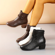 Women's Retro Round Toe Hollow Short Boots with Chunky Heel and Non-slip Sole