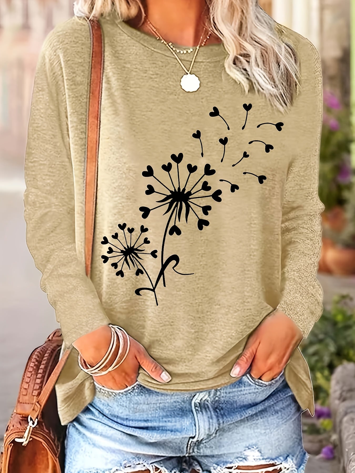 Women's Casual Floral Round Sleeve Blouse, Loose Fit, Spring Fall, Stretch Fabric