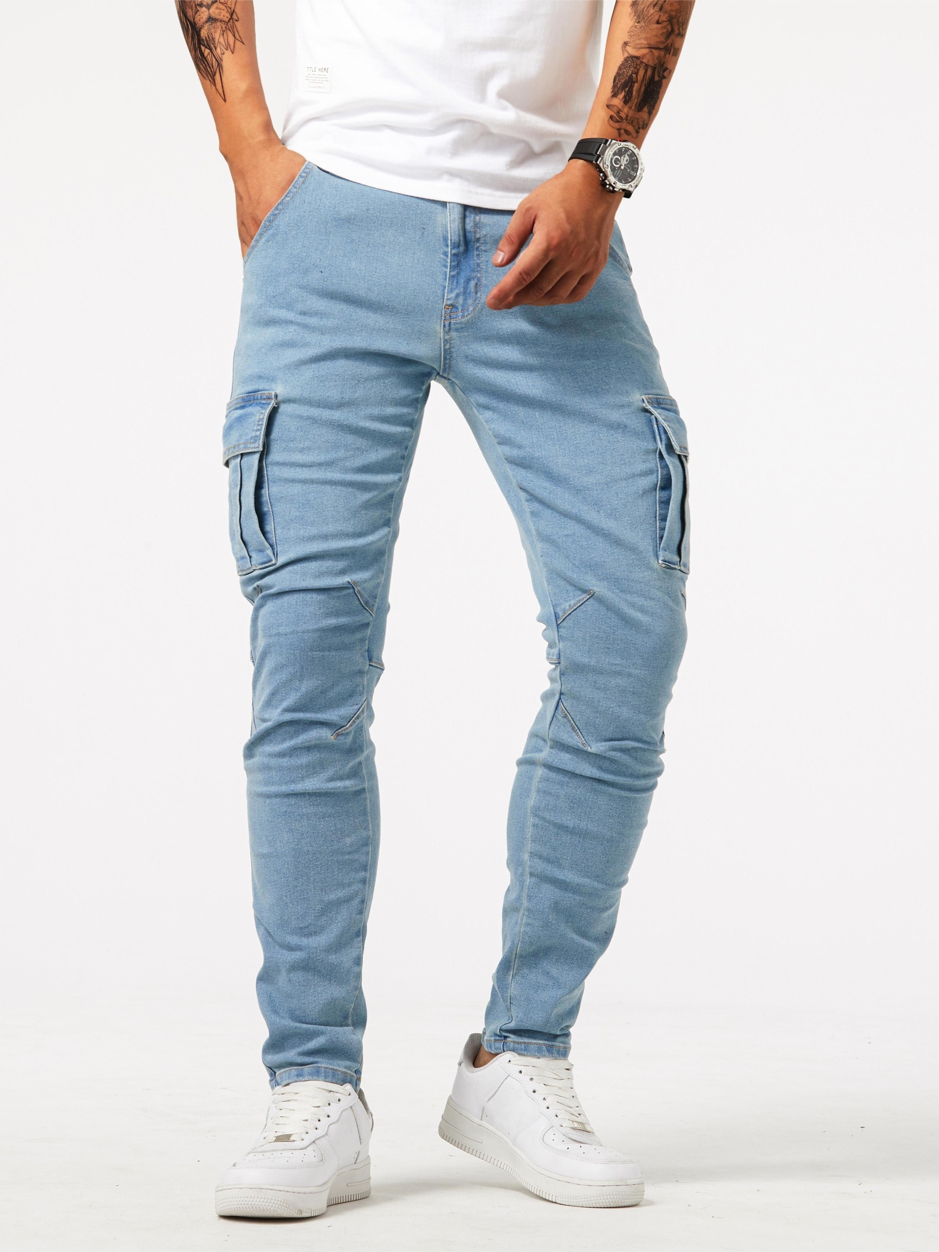Men's Slim Jeans High Stretch Denim Solid Color Washed Skinny Fit Regular Length