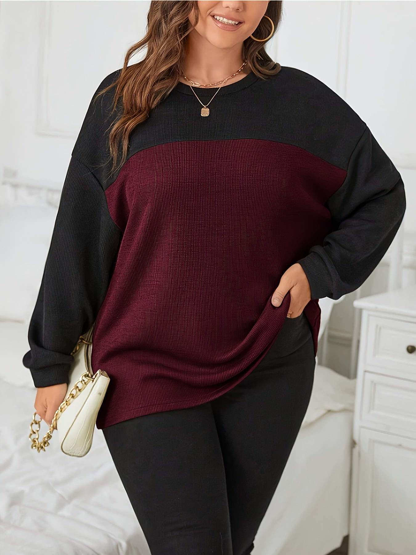Sudadera holgada de colorblock para tallas grandes, casual, de manga larga y cuello redondo para mujer
