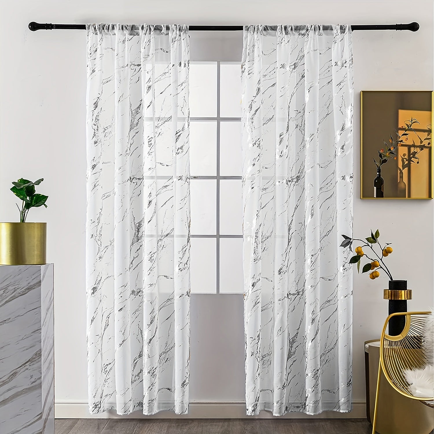 Sheer Curtains with Marble Pattern for Living Room Bedroom Office Windows