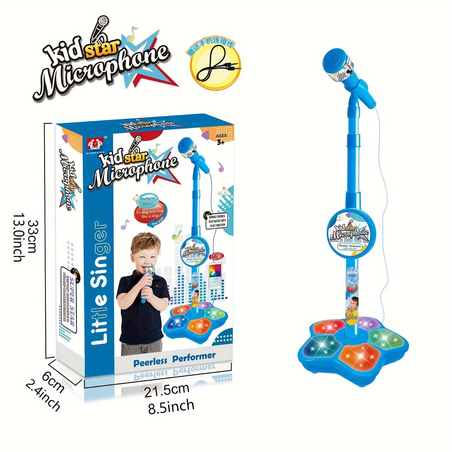 Kids' Karaoke Microphone with Stand Adjustable Height Light Effects MP3 Connectivity for Children