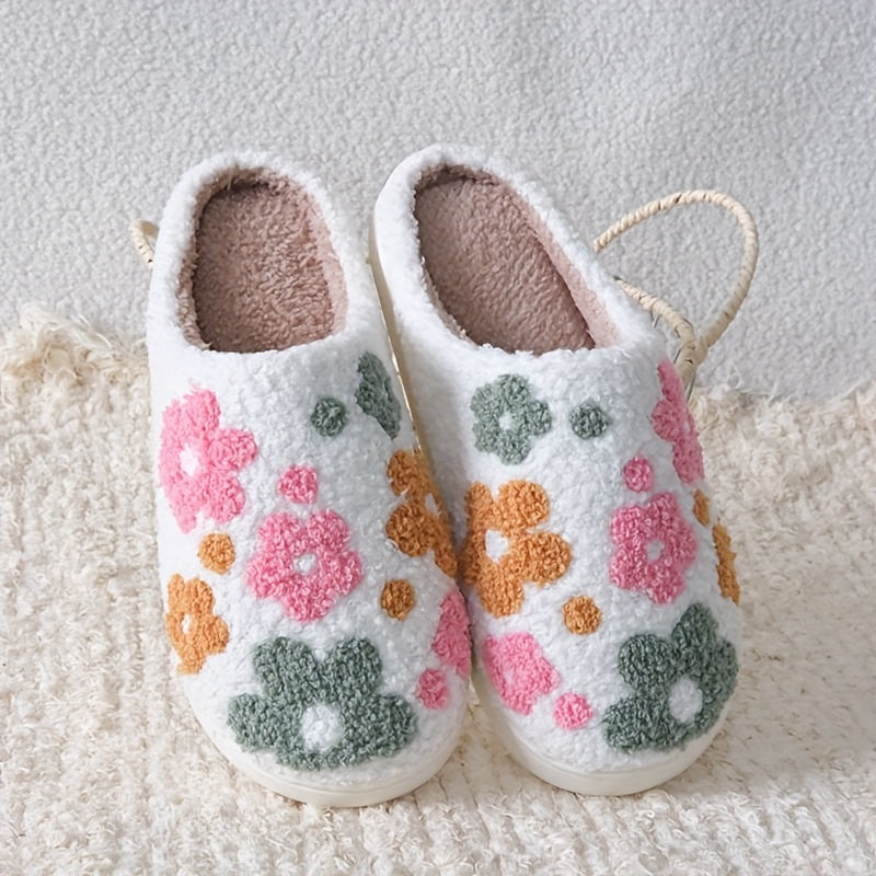 Unisex Plush Floral Slippers Warm Indoor House Shoes with Sunflower Design